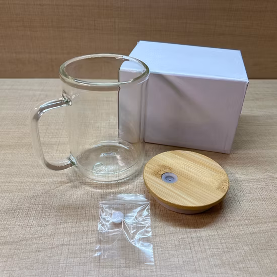 Taza de cerveza de vidrio esmerilado de 11oz con mango transparente