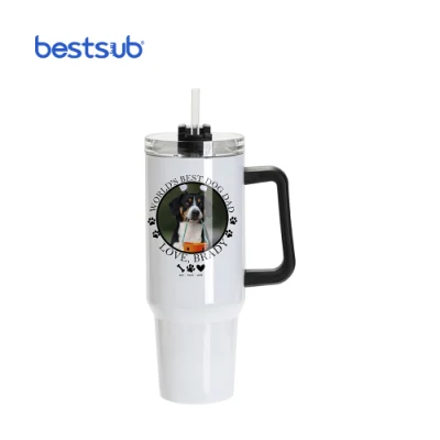 Espacios en blanco para sublimación Vaso de viaje blanco de acero inoxidable de 40 oz/1200 ml con tapa y pajita (mango negro)